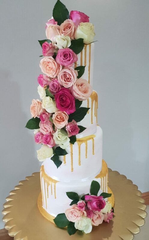 Gold Drip Wedding Cake 4 Tier with Fresh Flowers