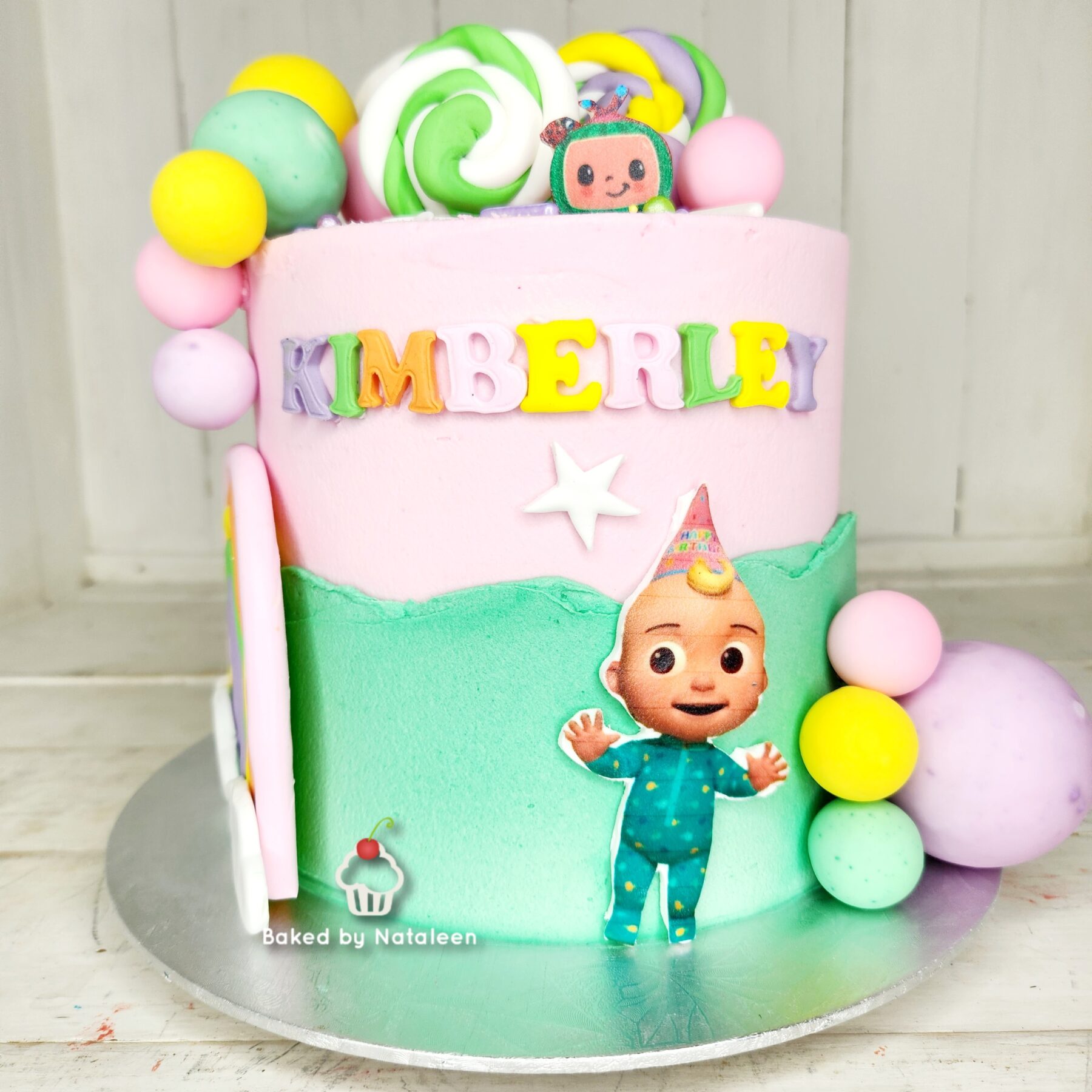Pink and Green Cocomelon Rainbow Cake - Image 2