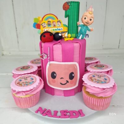 Pink Cocomelon Cake With 6 Cupcakes