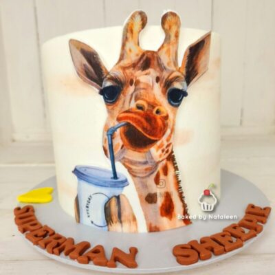 Giraffe Slurping Coffee Cake