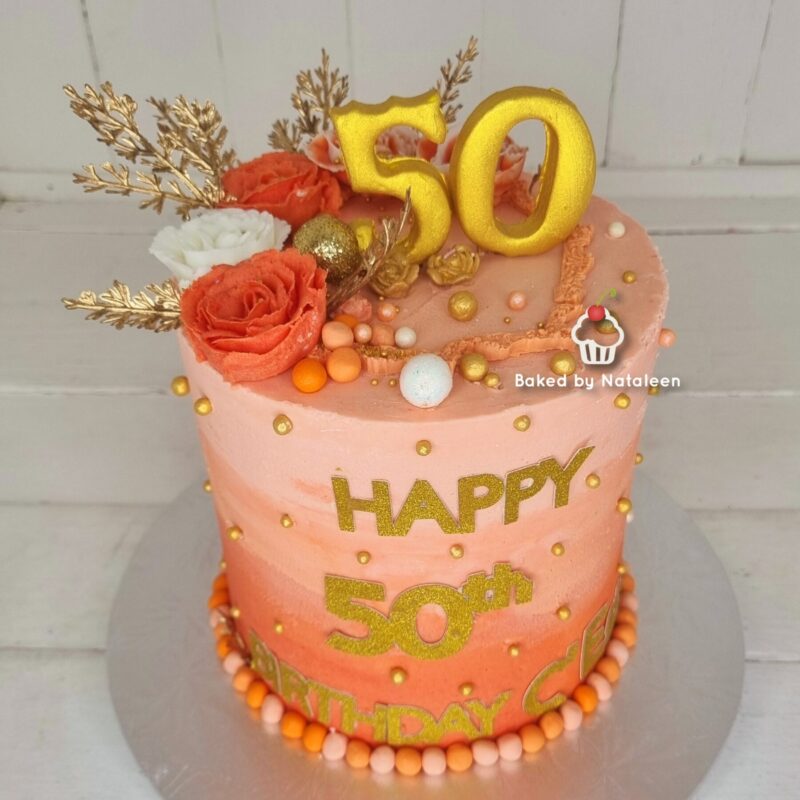 Peach And Gold 50th Birthday Cake