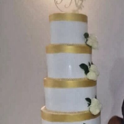 White with Gold 4 Tier Wedding Cake