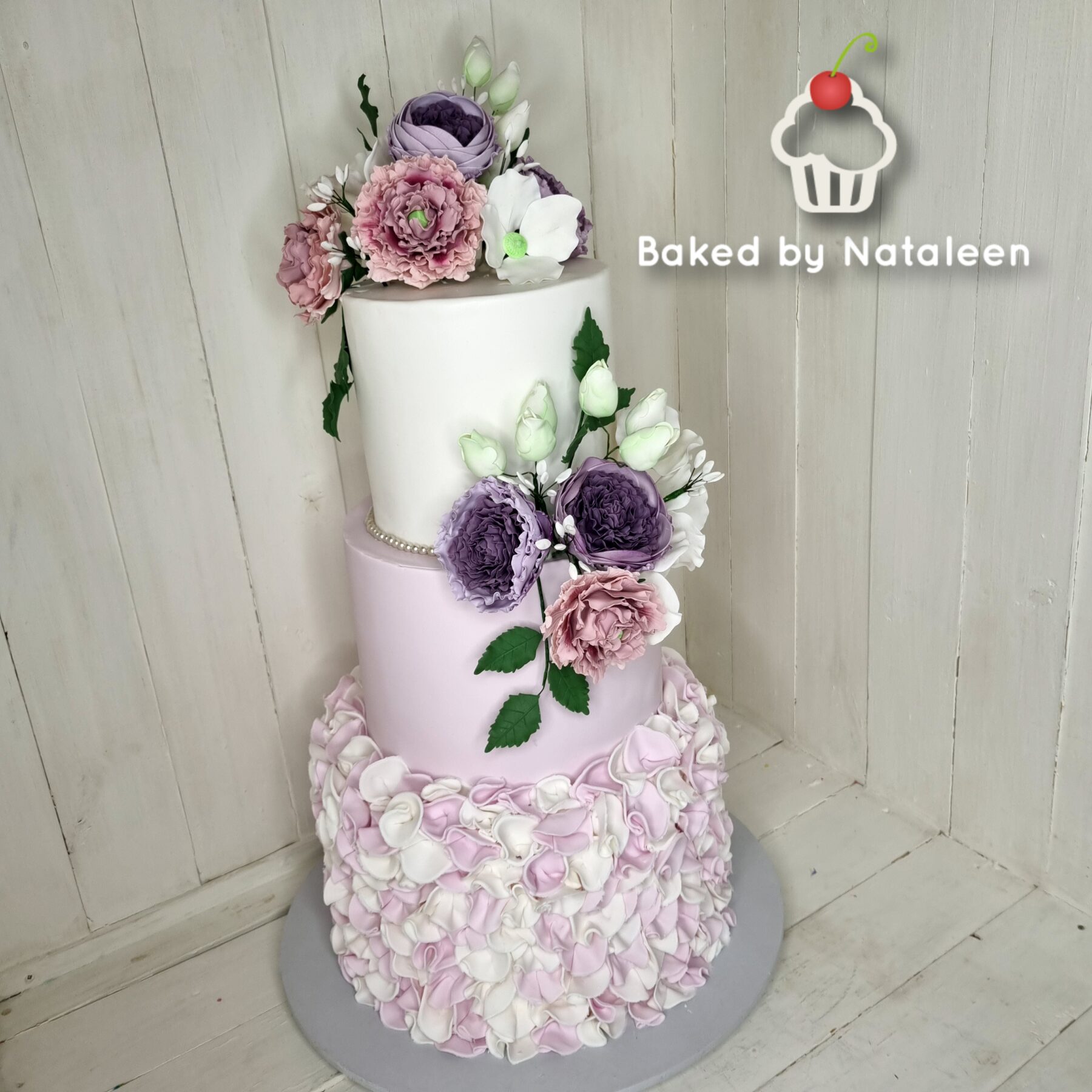 3 Tier Mauve & White Wedding Cake - Image 2