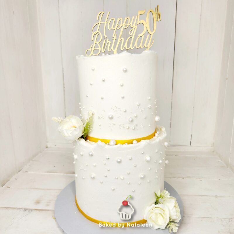Gold and White 2 Tier Birthday Cake - Image 2