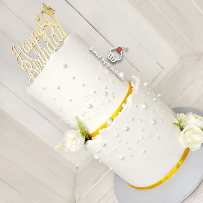Gold and White 2 Tier Birthday Cake - Image 3
