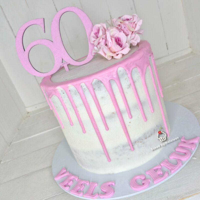 60th Birthday Pink Drip Naked Cake