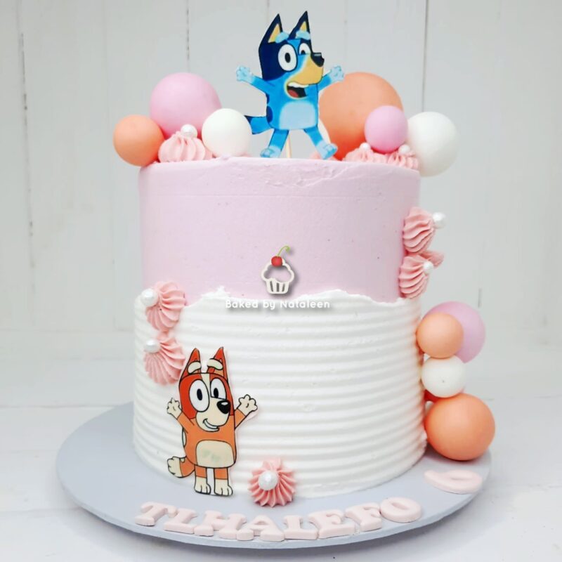 Pink and White Bluey Cake With Balloons