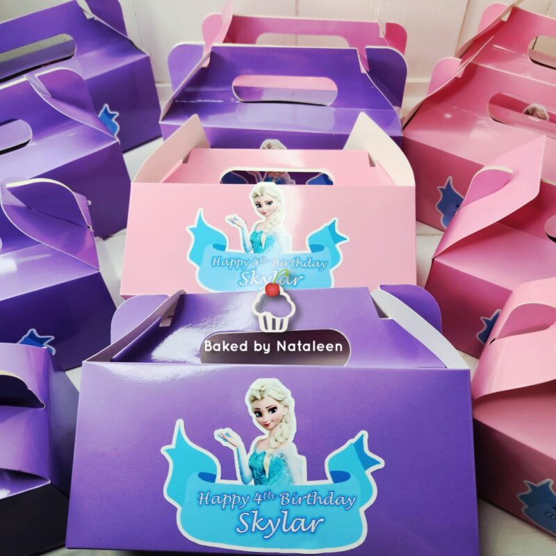Purple and pink birthday treat boxes featuring Elsa from Frozen with the message 'Happy 4th Birthday Skylar' and 'Baked by Nataleen'.