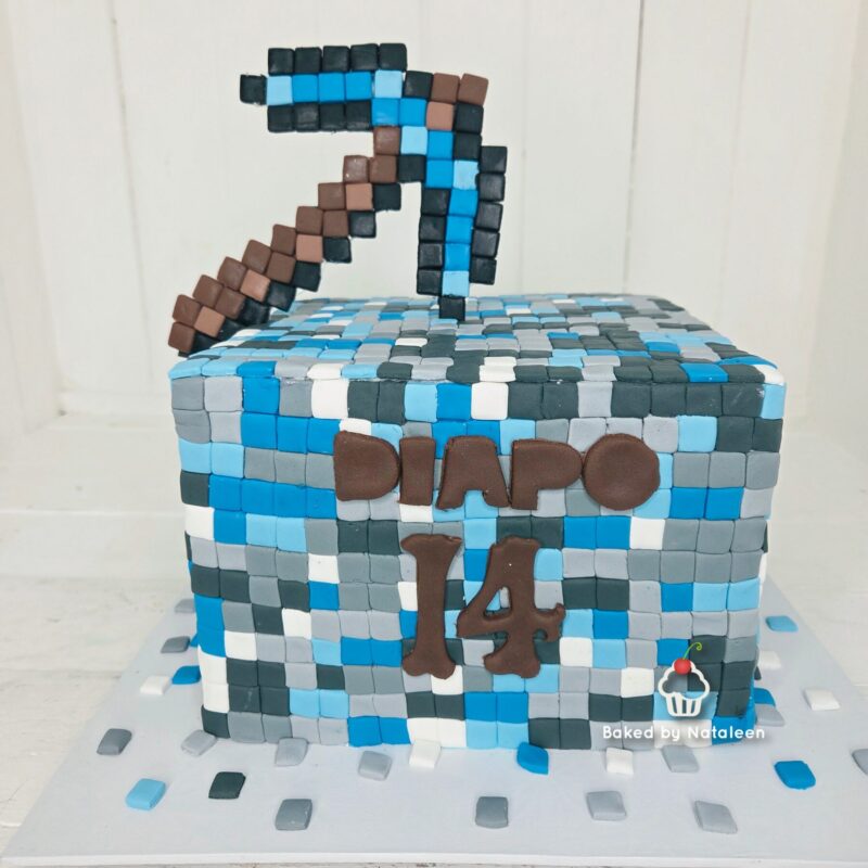 Minecraft-inspired mosaic cake in blue, gray, and white squares with a pixelated brown and blue pickaxe on top; side text reads 'DIARO 14'.