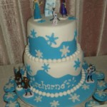 2-tier Frozen Theme birthday cake with matching cupcakes